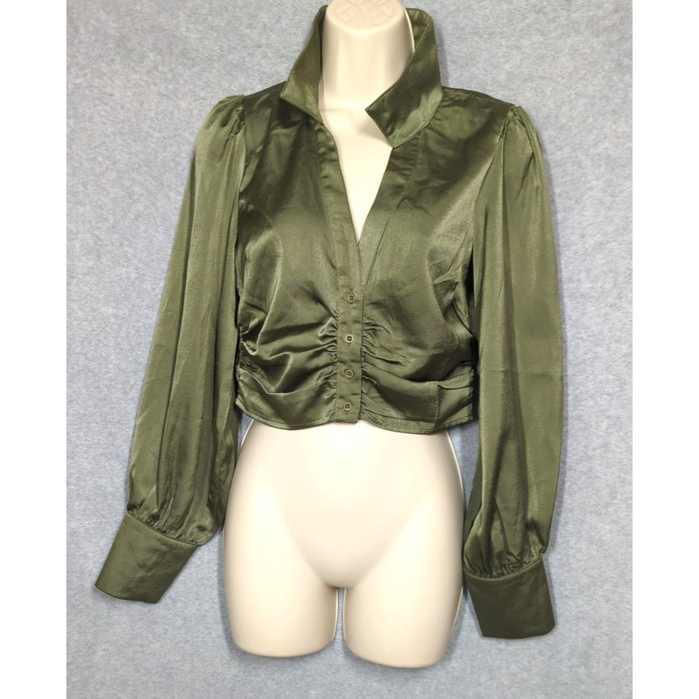 Satin Blouse Women S Olive Green Bell Sleeves Deep V Neck Feminine Feel Sexy